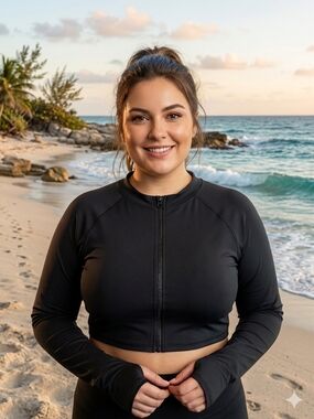 Women's Plus Size 2XL Black Zip-Front Cropped Rash Guard Swim Top Thumbholes